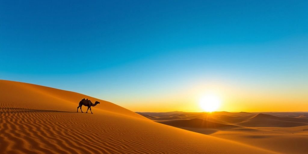 Excursion In The Agafay Desert - Camel walking on golden dunes in Agafay Desert.