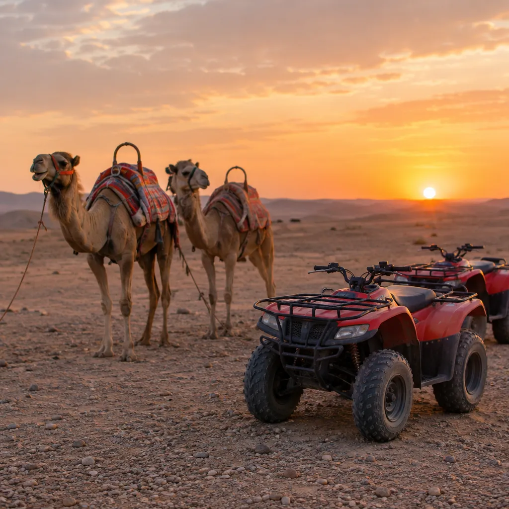 Sunset camel ride combined with quad biking