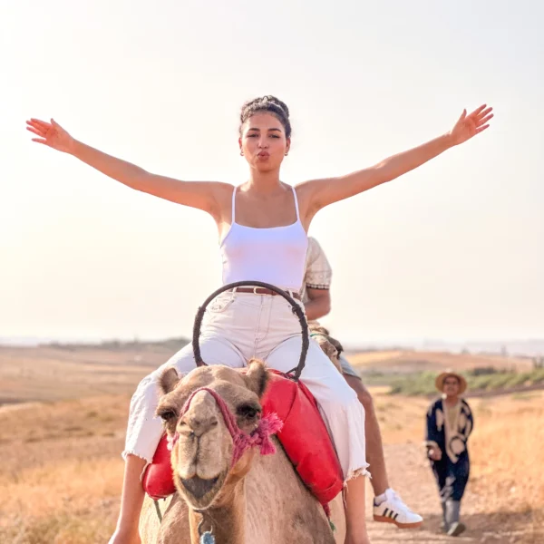 Meet Agafay Oasis Sky, a desert camp near Marrakech offering quad biking, camel rides, buggy adventures, sunset dinners, pool days and Moroccan hospitality. Camel ride at sunset in Agafay Desert near Marrakech