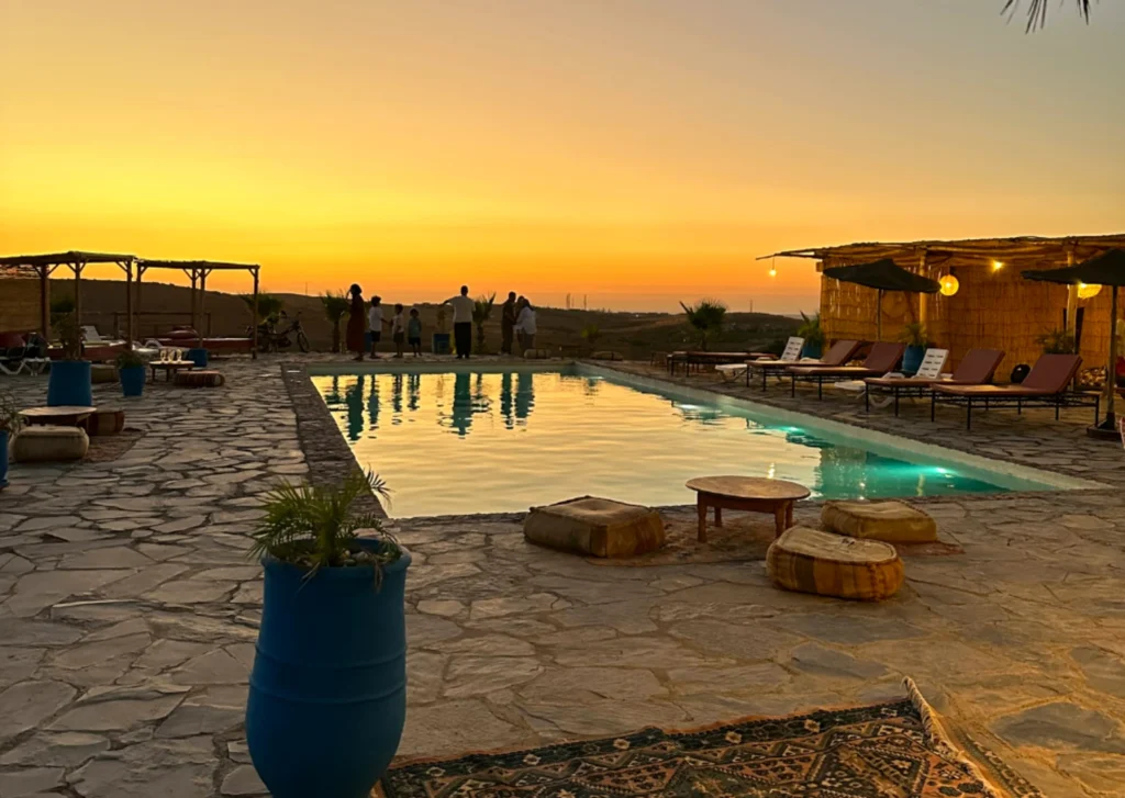 Swimming pool at sunset at Oasis Sky in the Agafay Desert near Marrakech