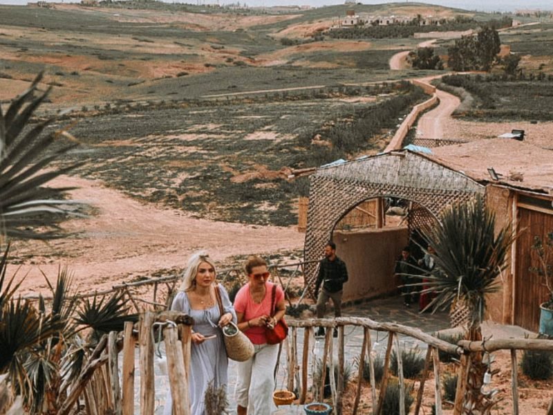 A breathtaking view of the Agafay Desert landscape at sunset